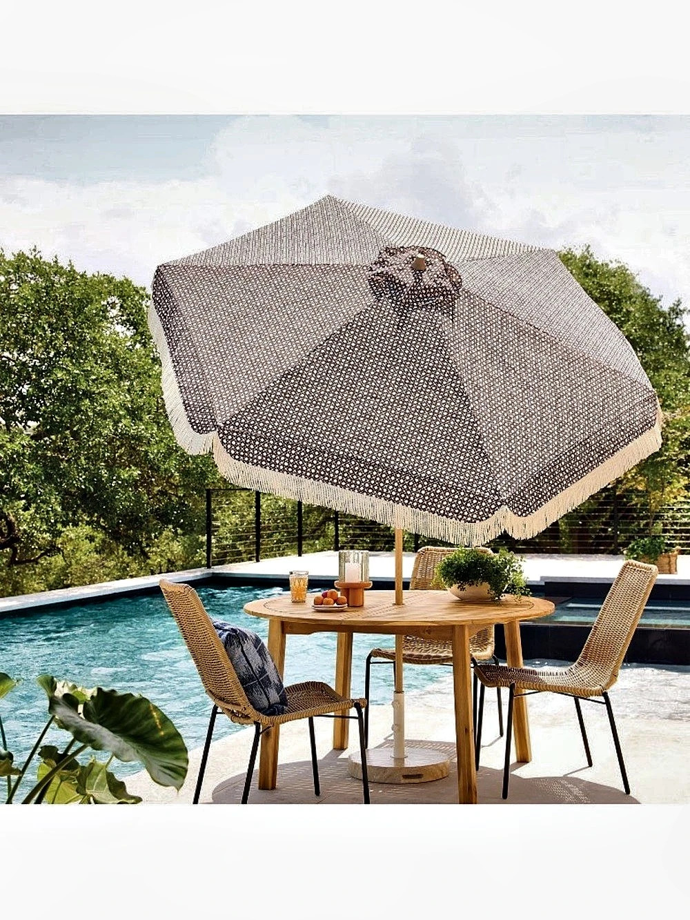 7.5' Brown Outdoor Patio Cane Fringe Umbrella, Tempera